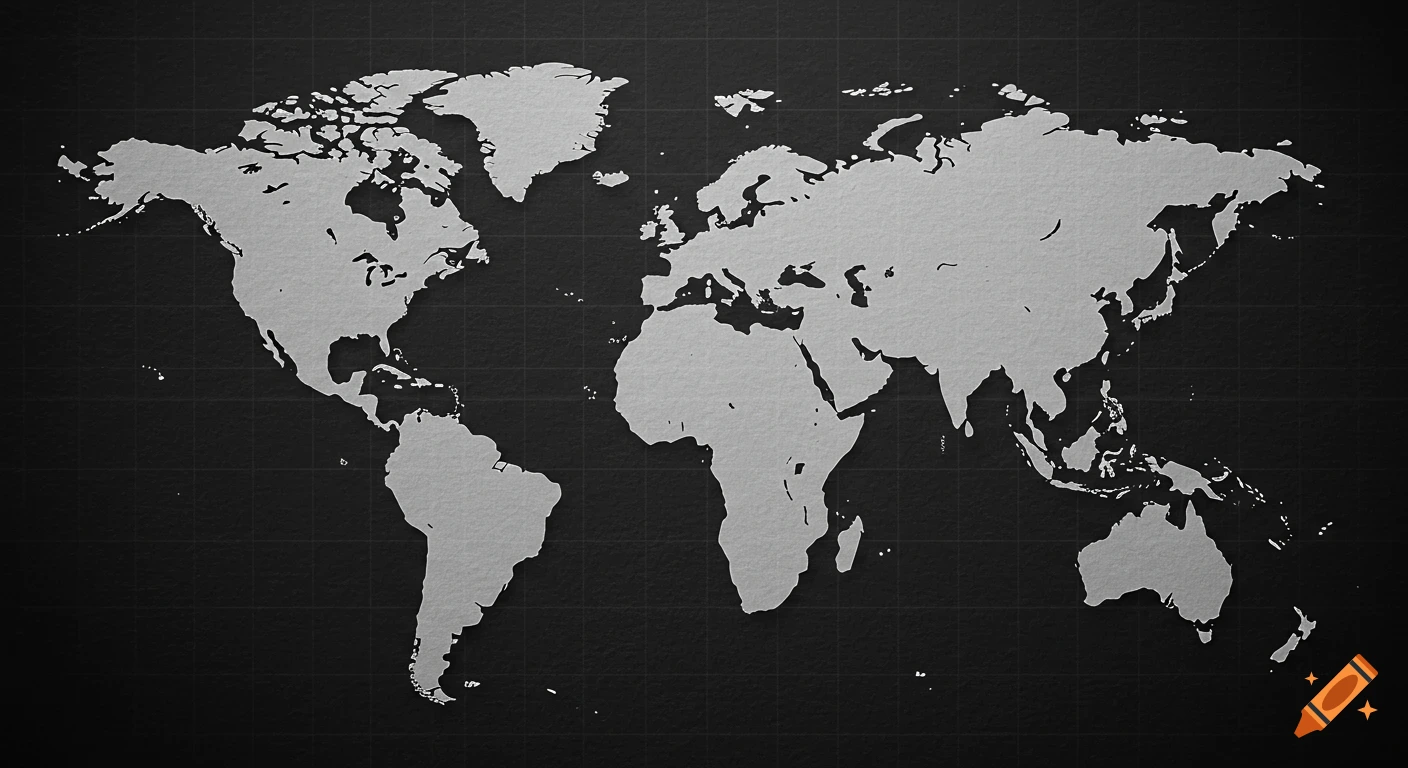Stylized gray world map with continental outlines on a dark, textured background with grid lines.