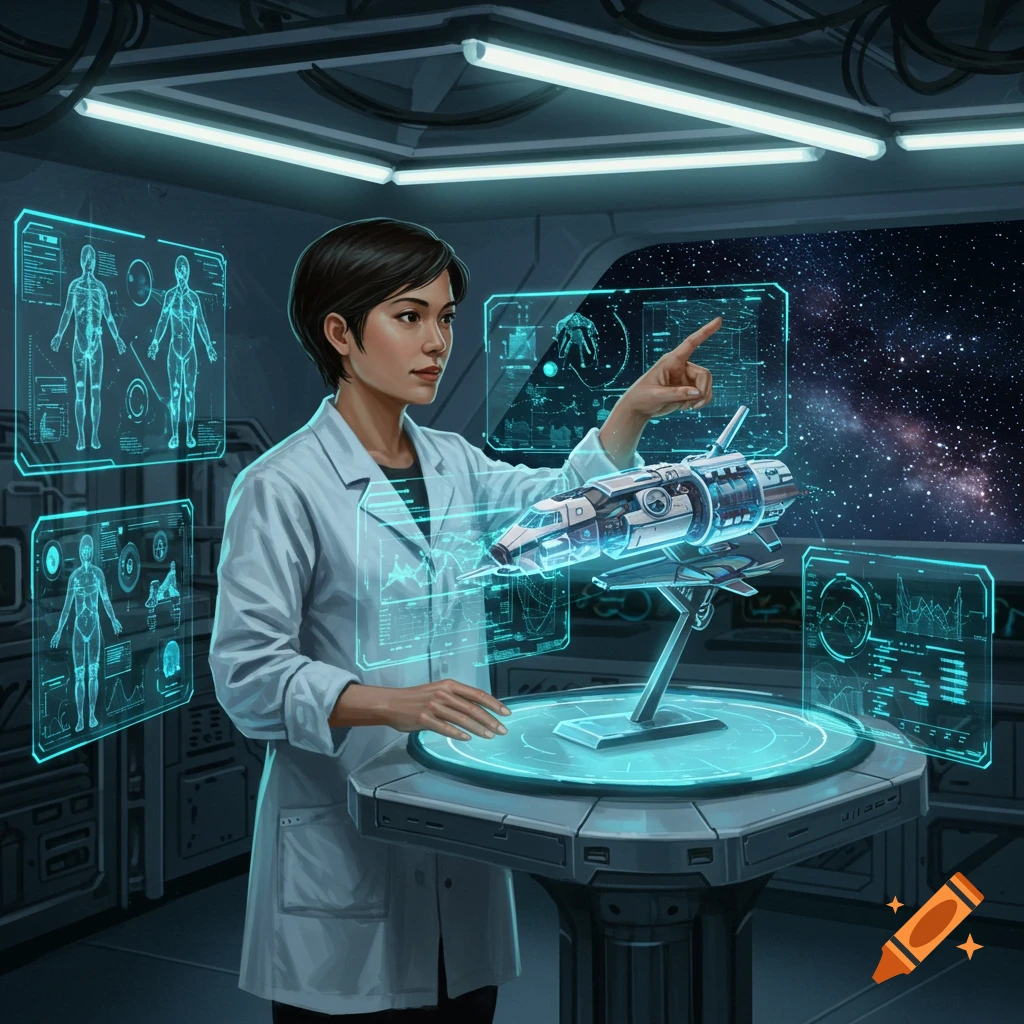 An aerospace physiologist in a lab coat interacting with holographic displays showing human anatomy and a spaceship design.