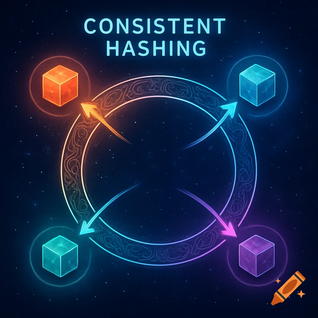 A glowing diagram illustrating consistent hashing, with four colorful cubes and arrows interacting with a central ring against a starry background.