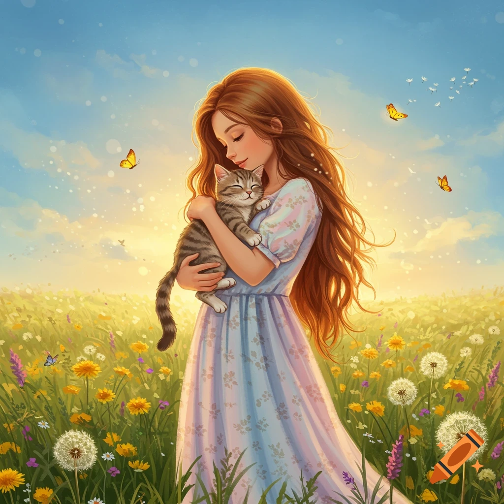 An illustration of a girl with long hair holding a tabby cat in a sunlit field of wildflowers with butterflies.