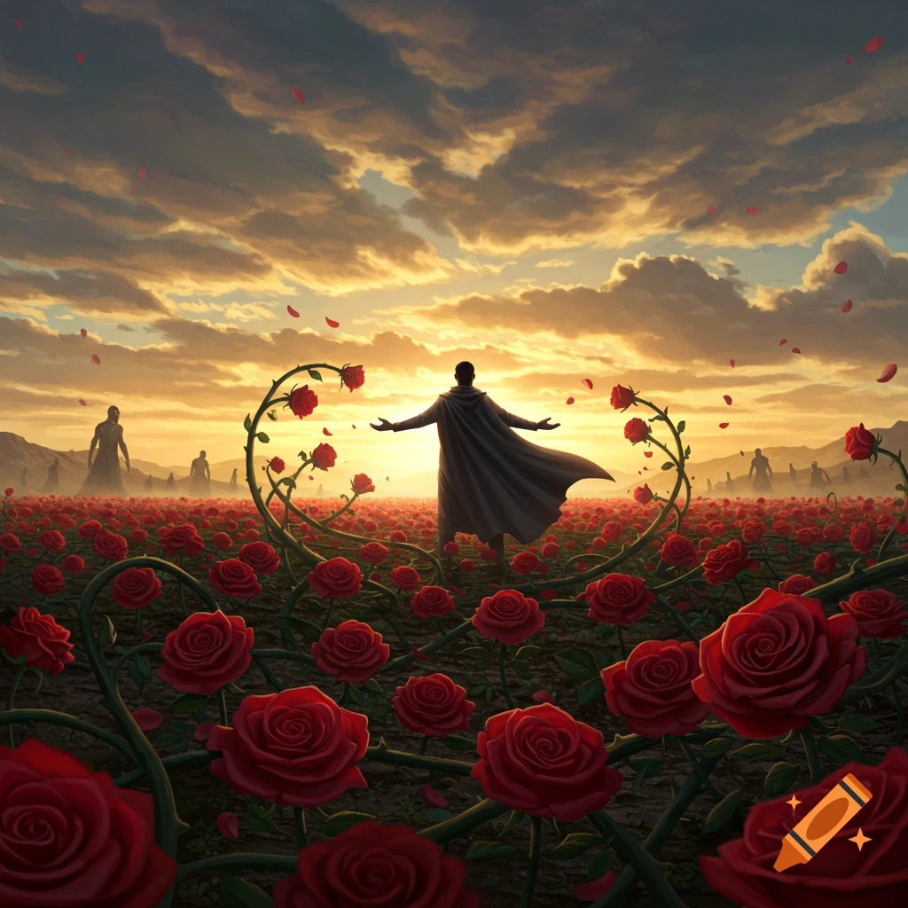 A cloaked man with outstretched arms stands in a vast field of red roses at sunset, with roses forming a heart around him. Shadowy figures are visible in the distance.