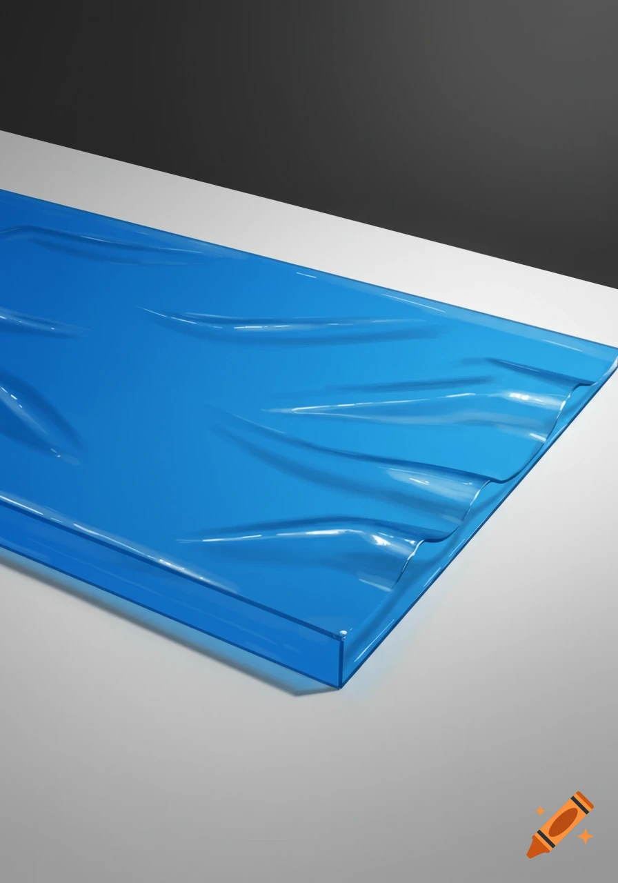 A photorealistic image of a sheet of crumpled blue plastic laid on a white table with a dark background.