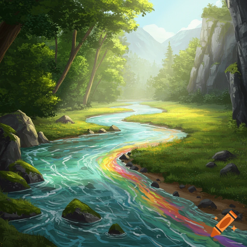 An idyllic illustration of a vibrant forest river with a rainbow-colored section flowing through a sunny green meadow with trees and mountains.