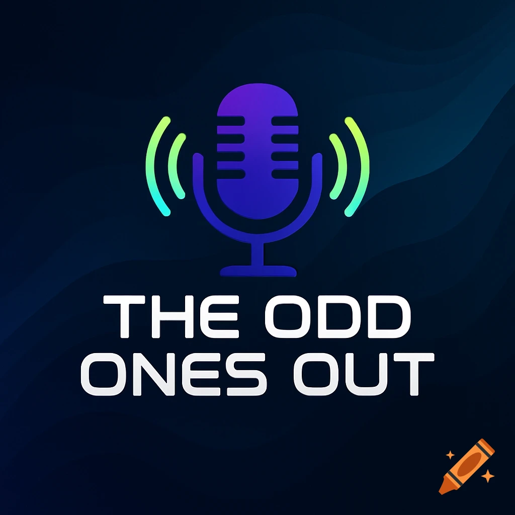 Logo for 'THE ODD ONES OUT' featuring a stylized purple and blue microphone with green sound waves on a dark blue background.
