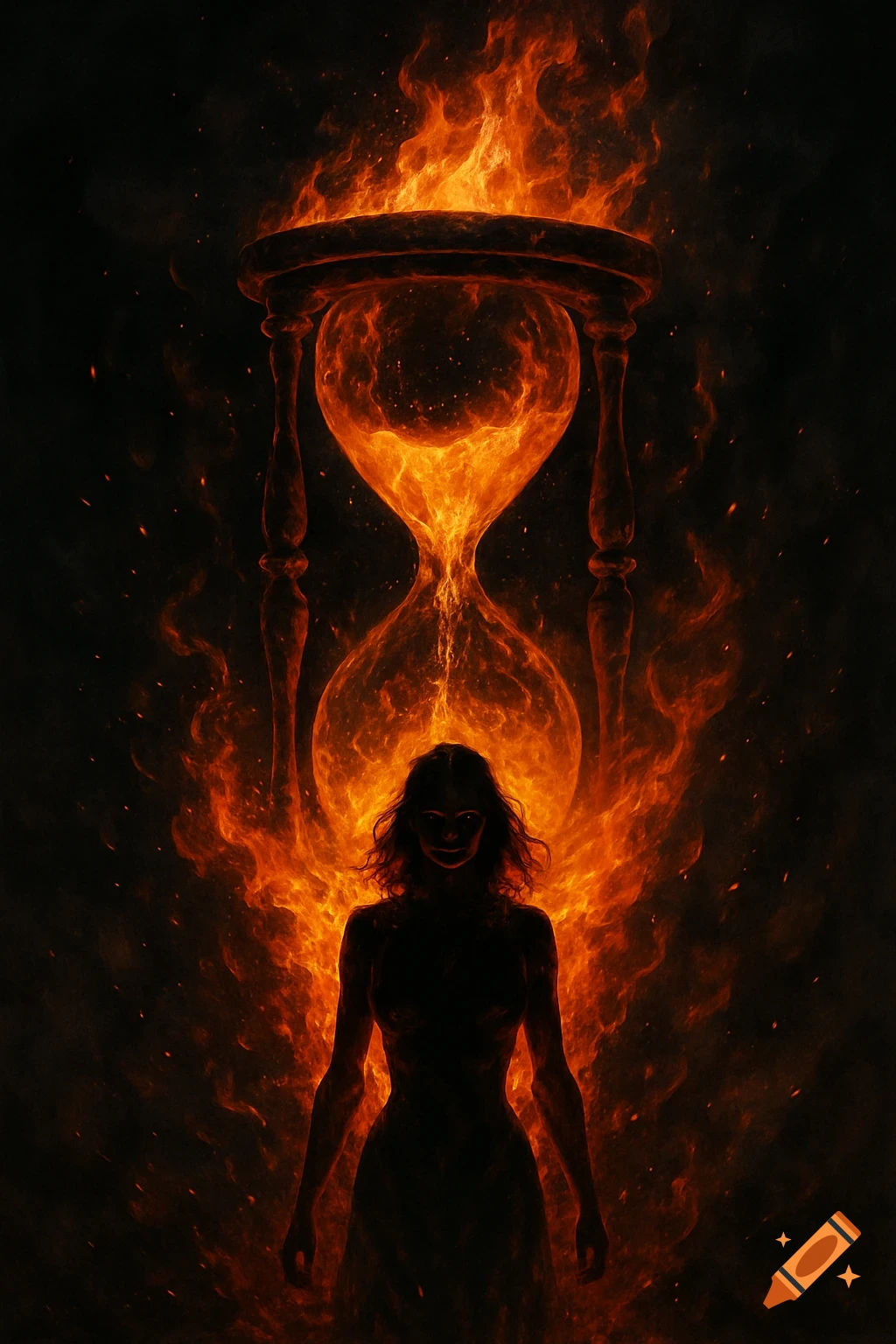 A dramatic silhouette of a feminine figure stands before a giant burning hourglass, engulfed in flames and glowing sparks on a dark background.