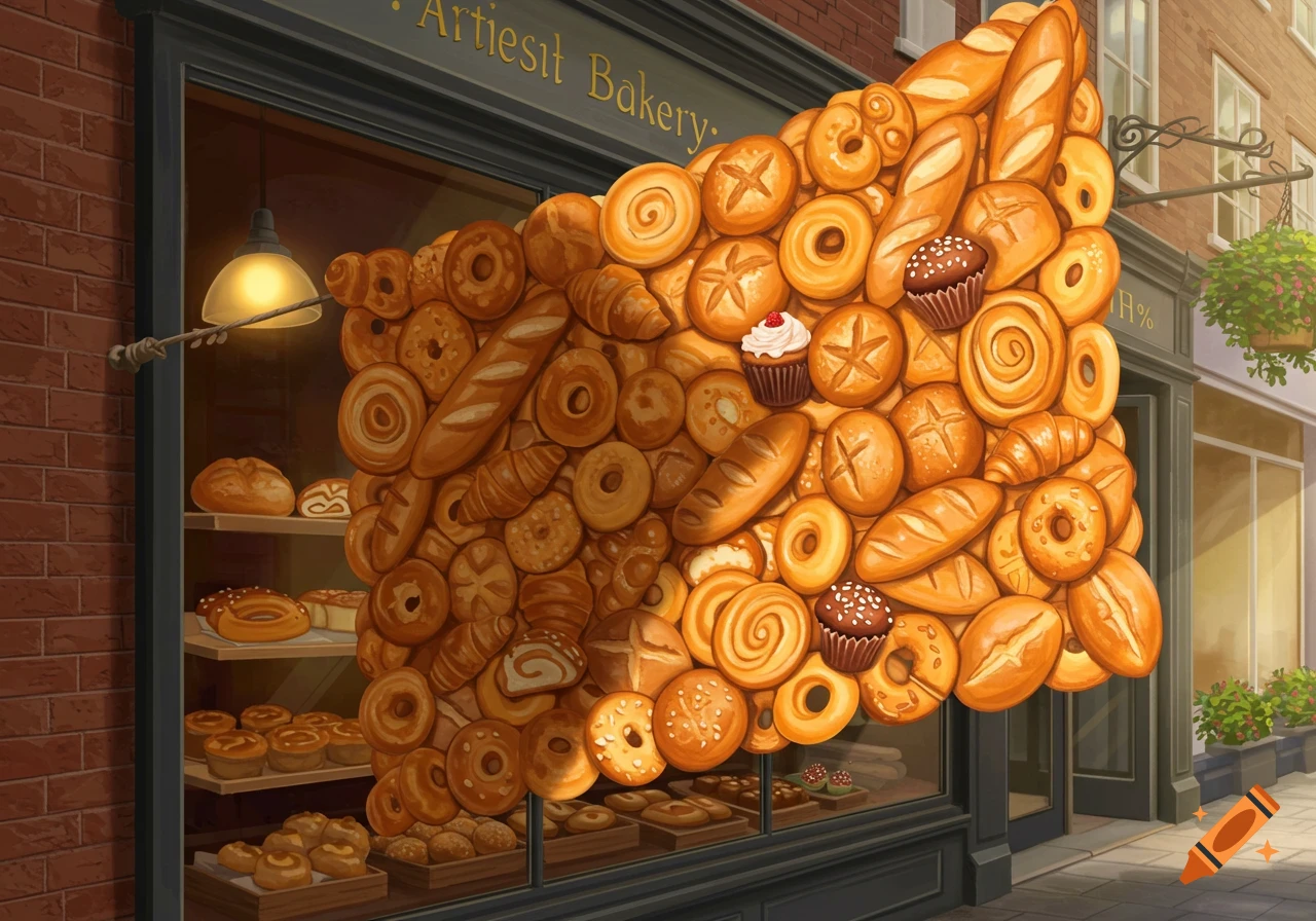 Illustration of a bakery storefront with a large, stylized display of various baked goods like bread, bagels, and cupcakes.
