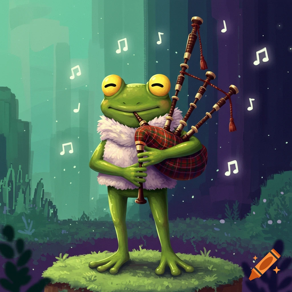 A happy green frog in a white fur vest plays red plaid bagpipes in a mystical forest with floating musical notes. Cartoon style.