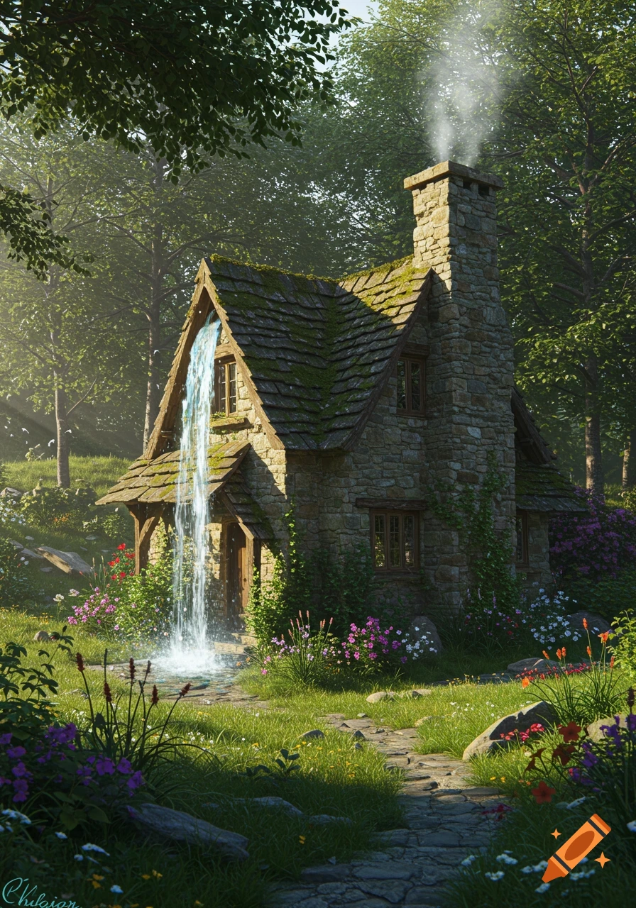 A quaint stone cottage with a waterfall flowing from its roof, nestled in a lush green forest with colorful flowers.