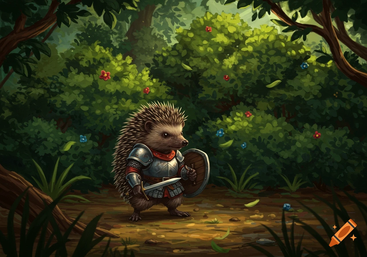 A cute hedgehog warrior in full armor with a sword and shield stands in a lush, green forest.