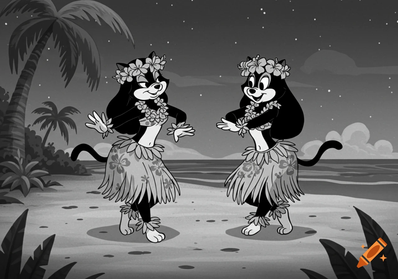 Two black and white cartoon cats in leis and hula skirts dance on a tropical beach at night.