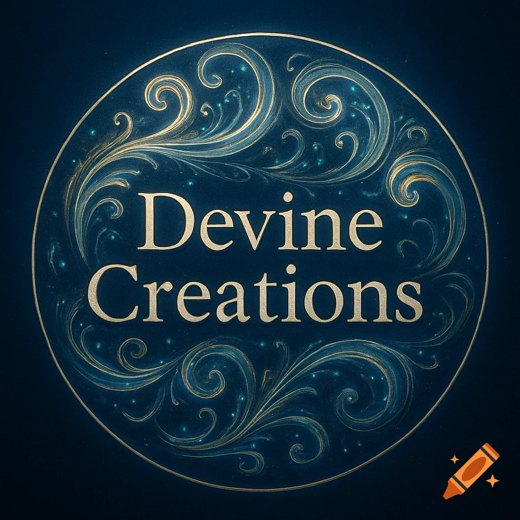 Circular logo with 'Devine Creations' in golden text surrounded by intricate golden and blue swirls on a dark blue background.