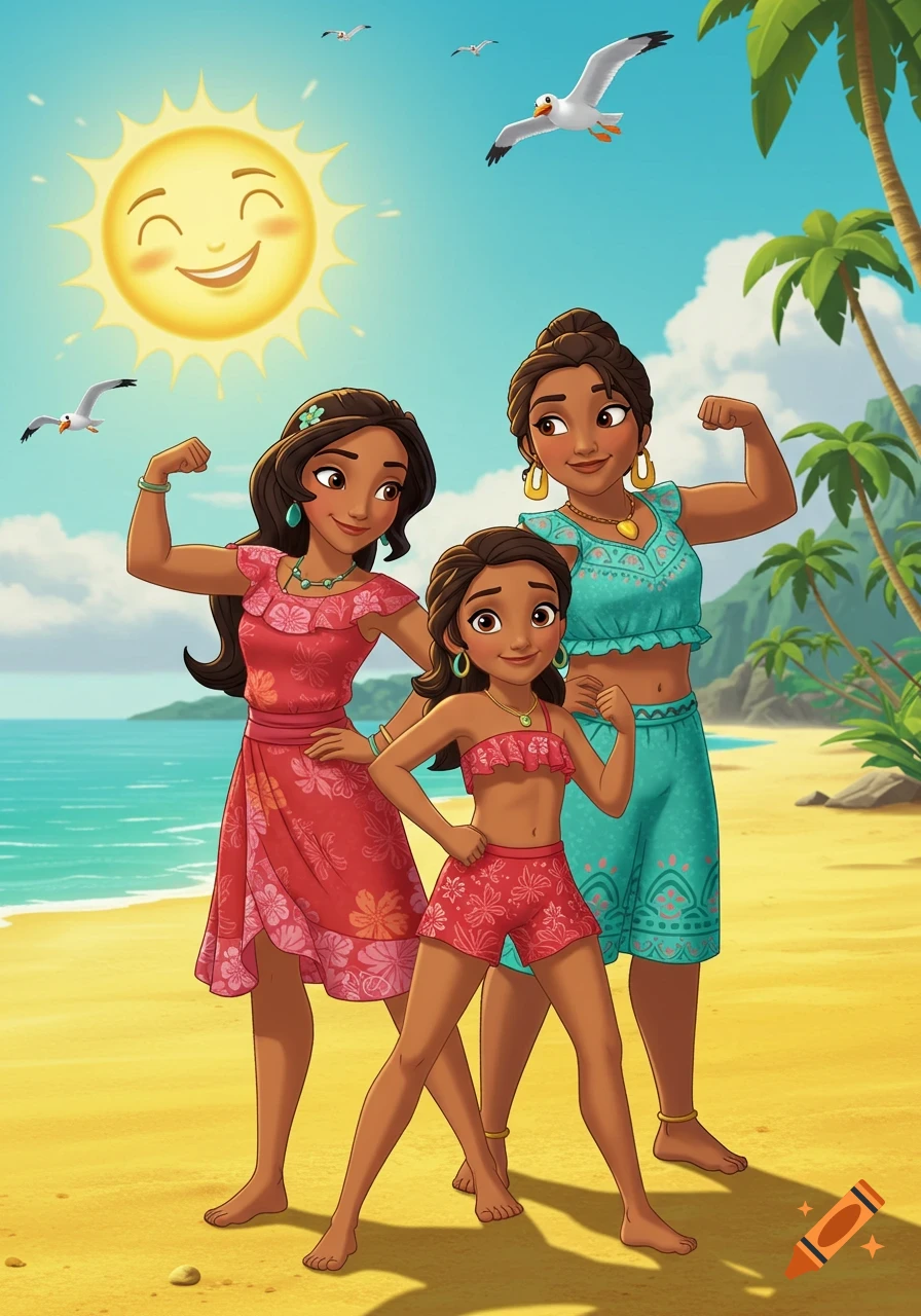 A cartoon illustration of three smiling Latina women and girls flexing their muscles on a sunny beach with palm trees and seagulls.