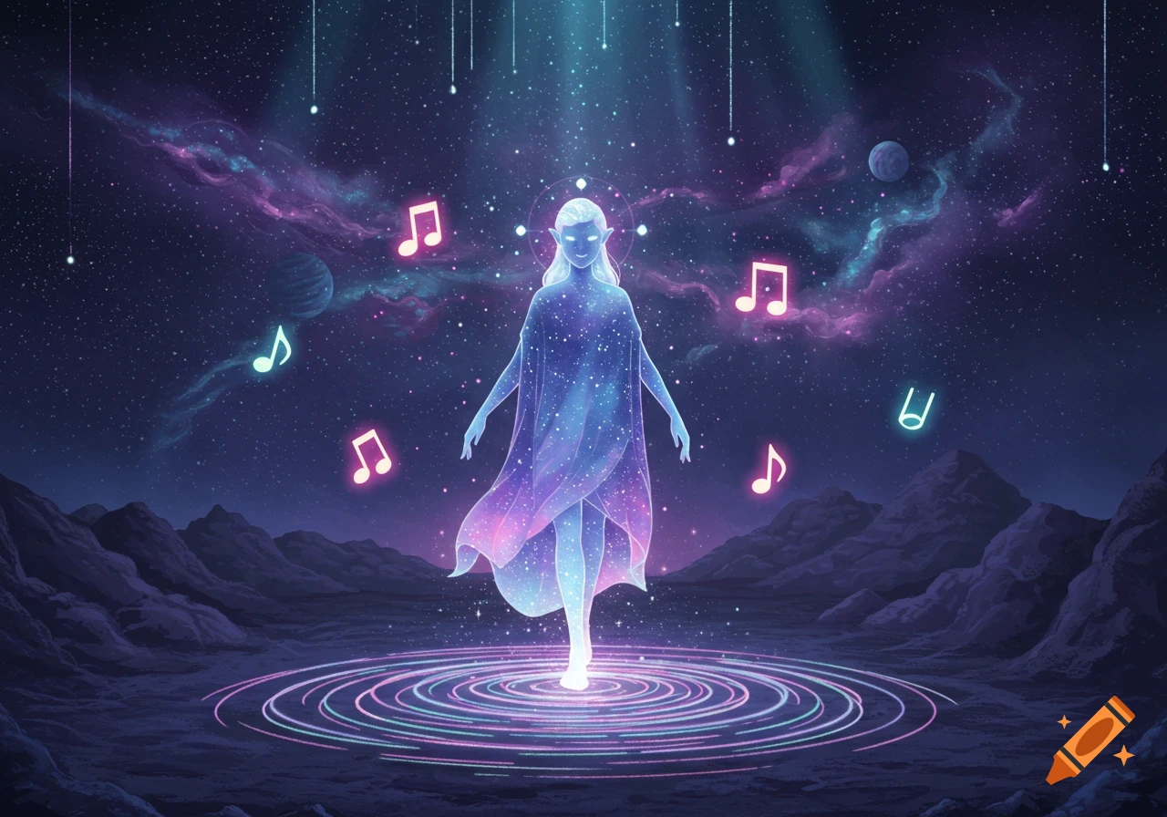 An ethereal glowing figure stands in a cosmic landscape with nebulae, stars, and floating musical notes, digital art.