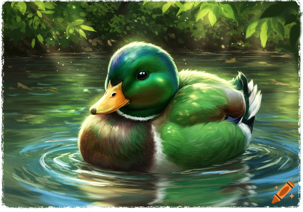 A vibrant, squishy green mallard duck floats on sparkling green water with lush foliage in the background, in an illustration style.