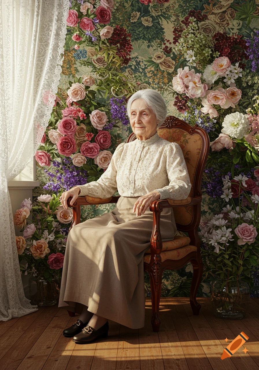 Photorealistic portrait of an elderly woman with white hair, sitting in an ornate chair against a vibrant floral tapestry background.
