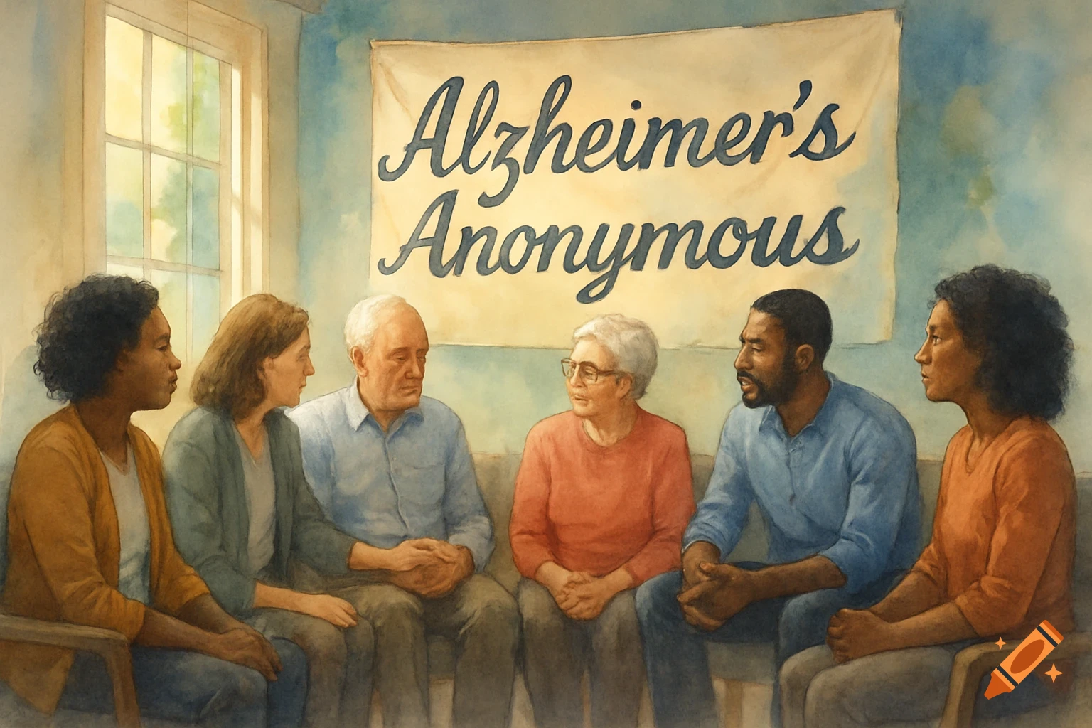 A diverse group of adults sitting in a circle under a banner that reads 'Alzheimer's Anonymous', in a watercolor illustration style.