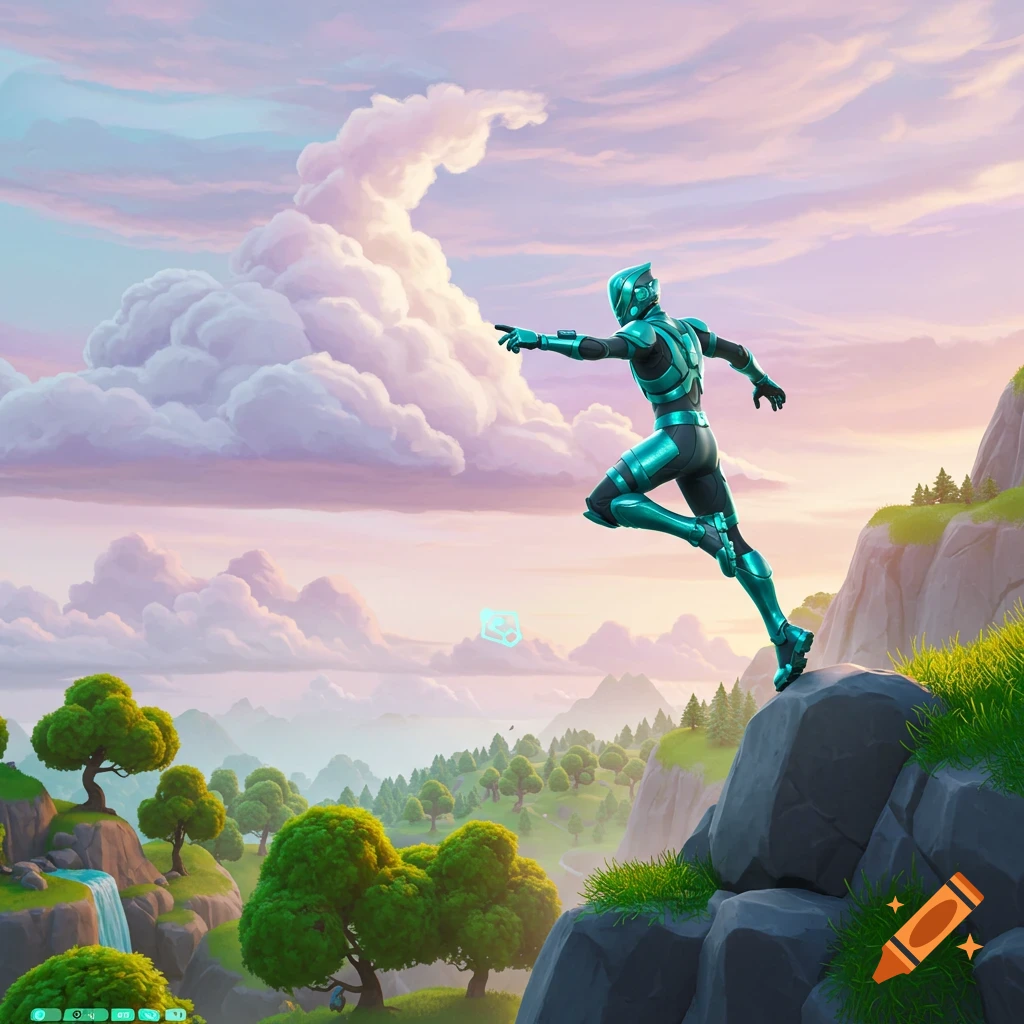 A stylized video game character in a teal and black suit leaps from a rocky cliff over a vibrant landscape with green hills and colorful clouds.
