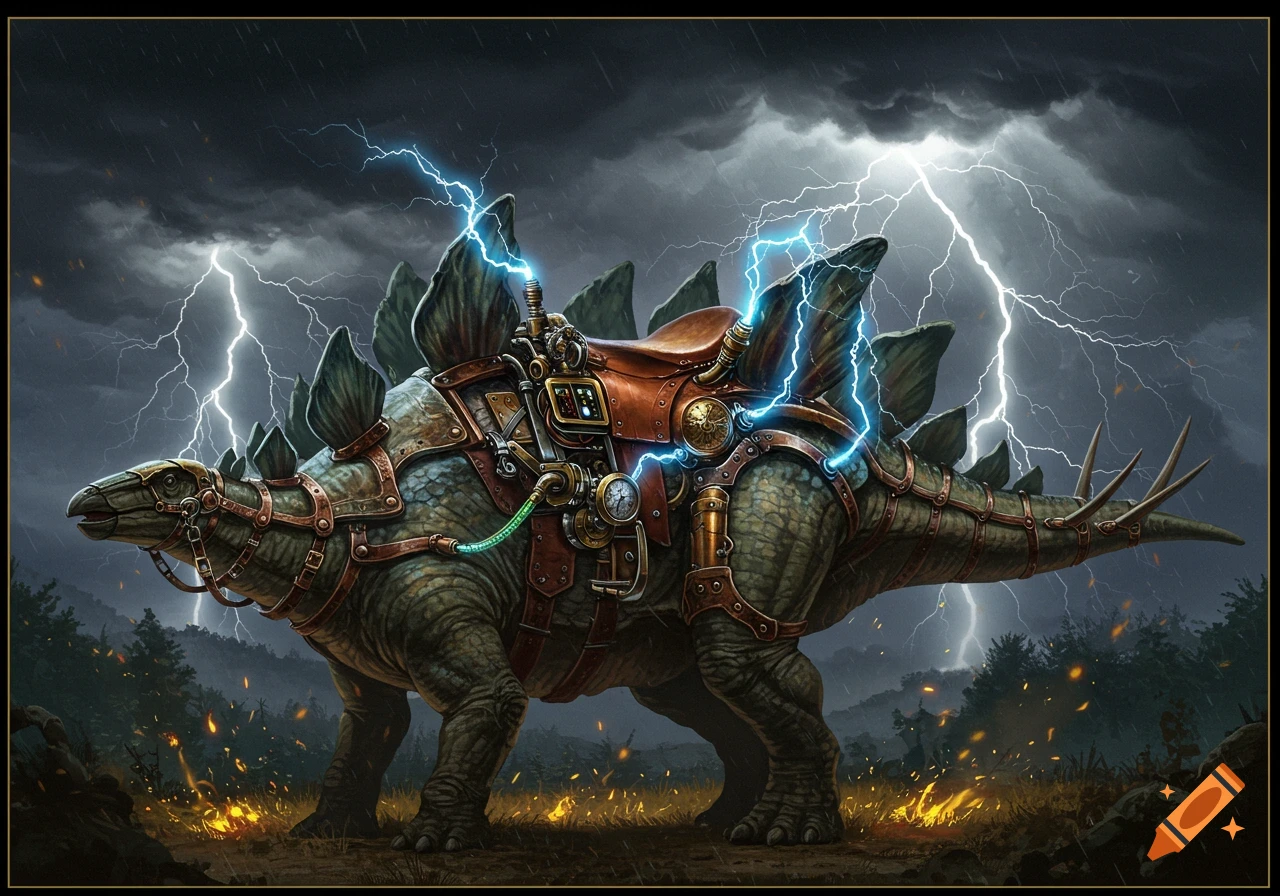 A detailed steampunk stegosaurus with a mechanical saddle that harnesses lightning, standing in a stormy, fiery landscape.