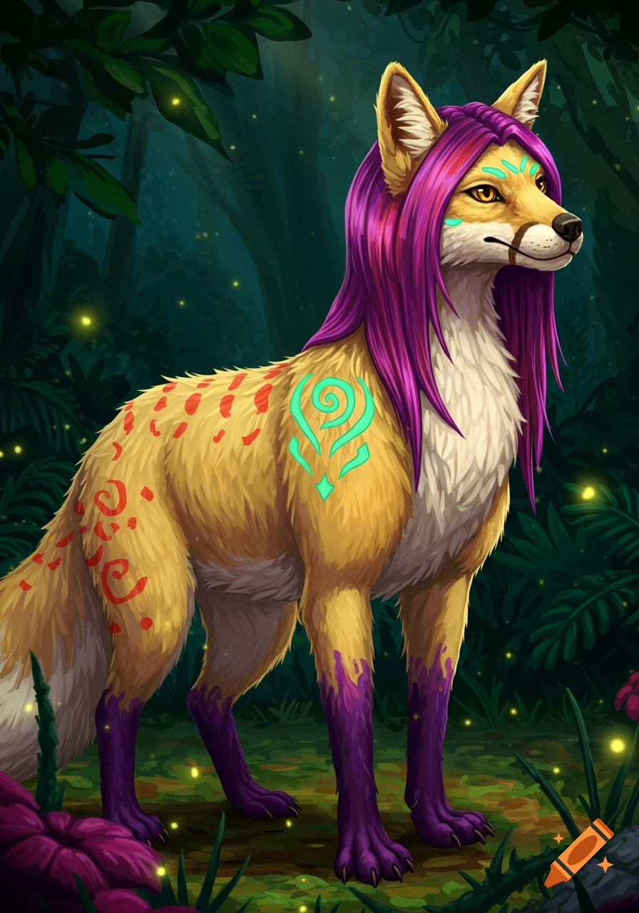 A stylized yellow fox-dingo hybrid with purple hair and tribal markings stands in a magical dark forest.