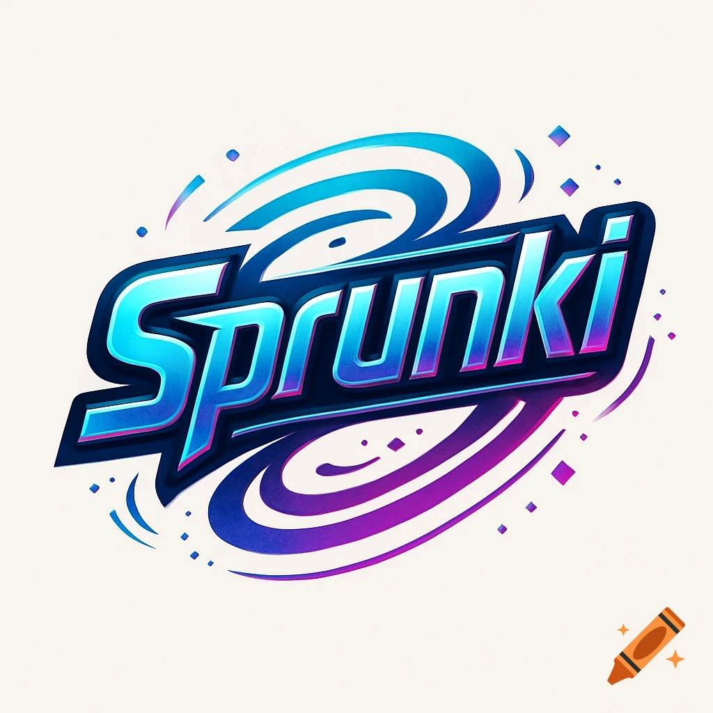 A stylized 'Sprunki' logo with bold blue and purple gradient text, surrounded by abstract, energetic swooshes on a light background.