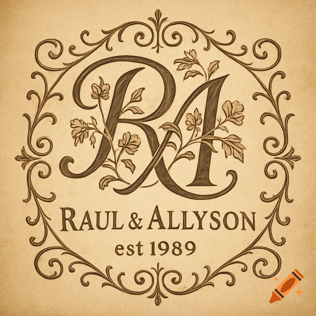 Ornate vintage monogram with intertwined R and A, floral accents, and text 'RAUL & ALLYSON est 1989' on a sepia background.
