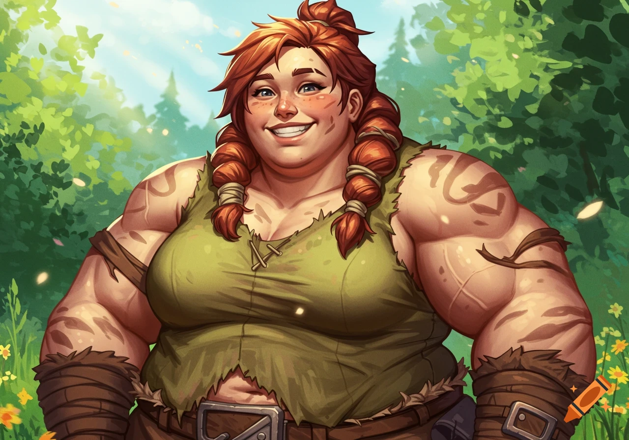A cheerful, muscular woman with red braided hair, wearing a torn green tunic, smiles broadly in a sunny forest.
