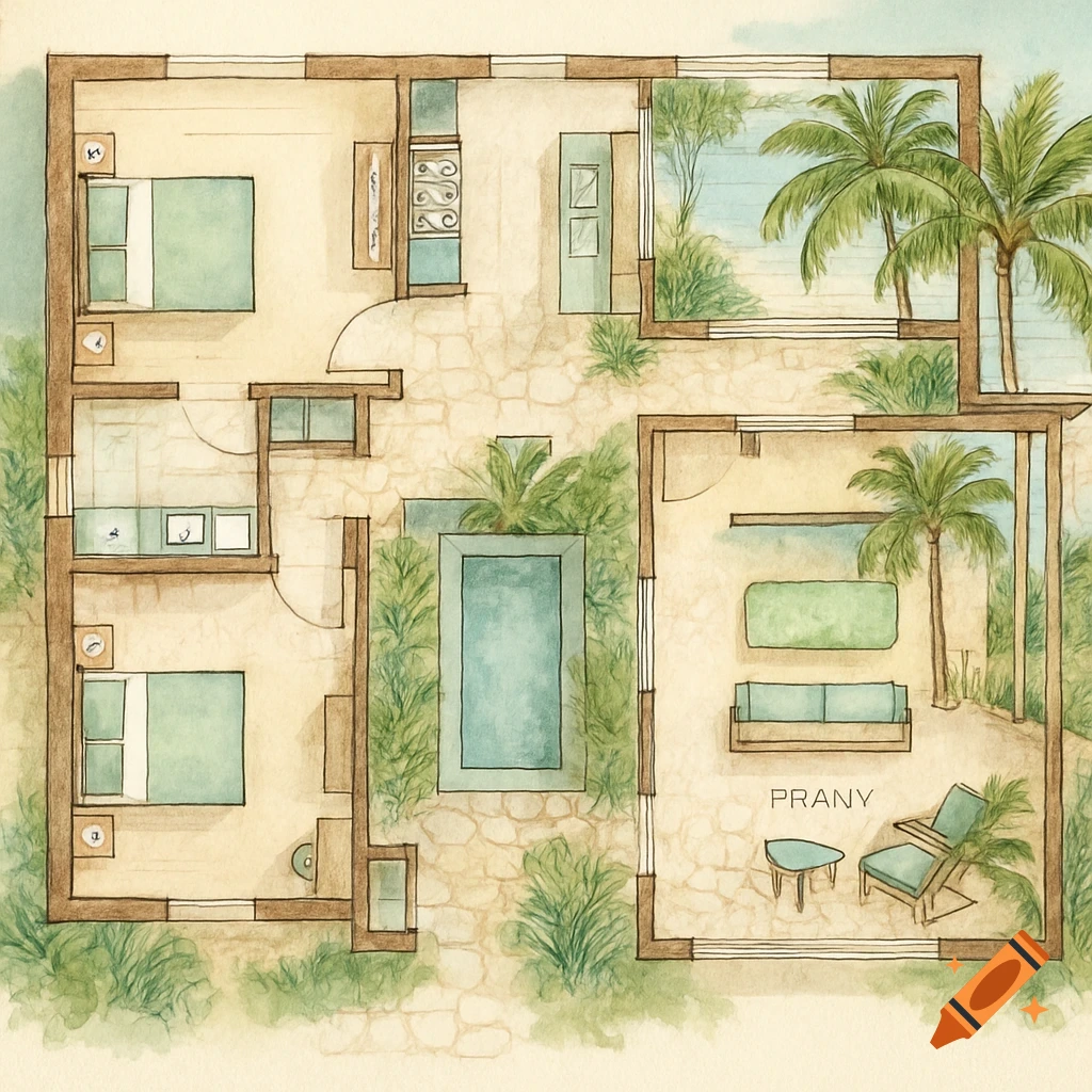 Watercolor floor plan of a Caribbean house with rooms, a pool, and palm trees.