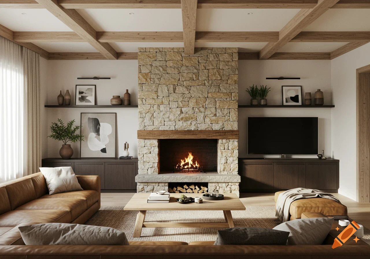 A modern living room with a stone fireplace, leather sofa, and wood coffee table, featuring exposed ceiling beams and natural light.
