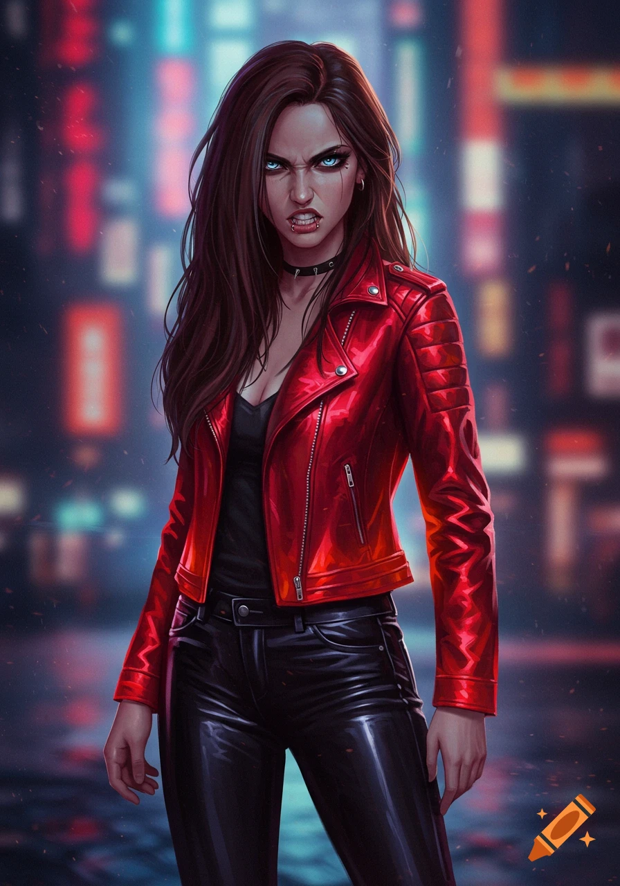 Digital art of a fierce woman with long brunette hair, blue eyes, and piercings, wearing a red leather jacket and black pants against a blurry city night.
