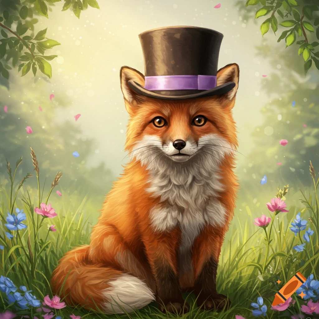 A cute fox wearing a purple-banded top hat sits among colorful wildflowers in a sunny, whimsical meadow.