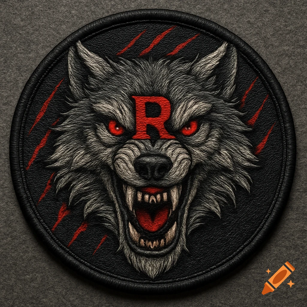 A circular patch design featuring an angry grey wolf head with glowing red eyes and a red letter 'R' on its forehead, on a black textured background with red claw marks.
