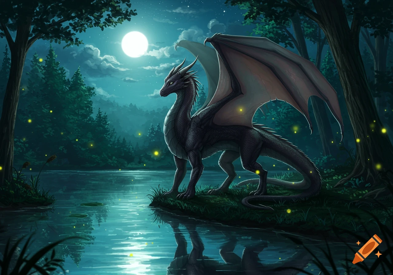 A majestic dark dragon stands by a tranquil lake in a moonlit forest, surrounded by glowing fireflies. Digital painting.
