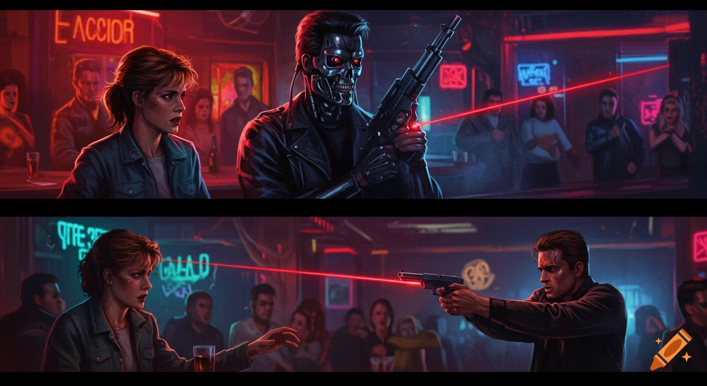 Illustration of a tech-noir bar scene from Terminator. Sarah Connor, the Terminator with a gun, and Kyle Reese with a pistol, bathed in neon.