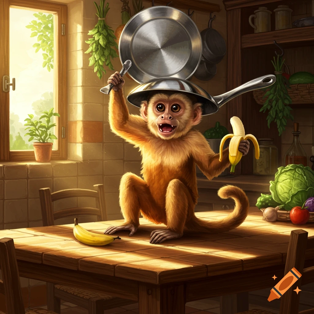 A happy capuchin monkey wears a frying pan like a hat, holds a peeled banana, and a spoon in a sunlit kitchen.