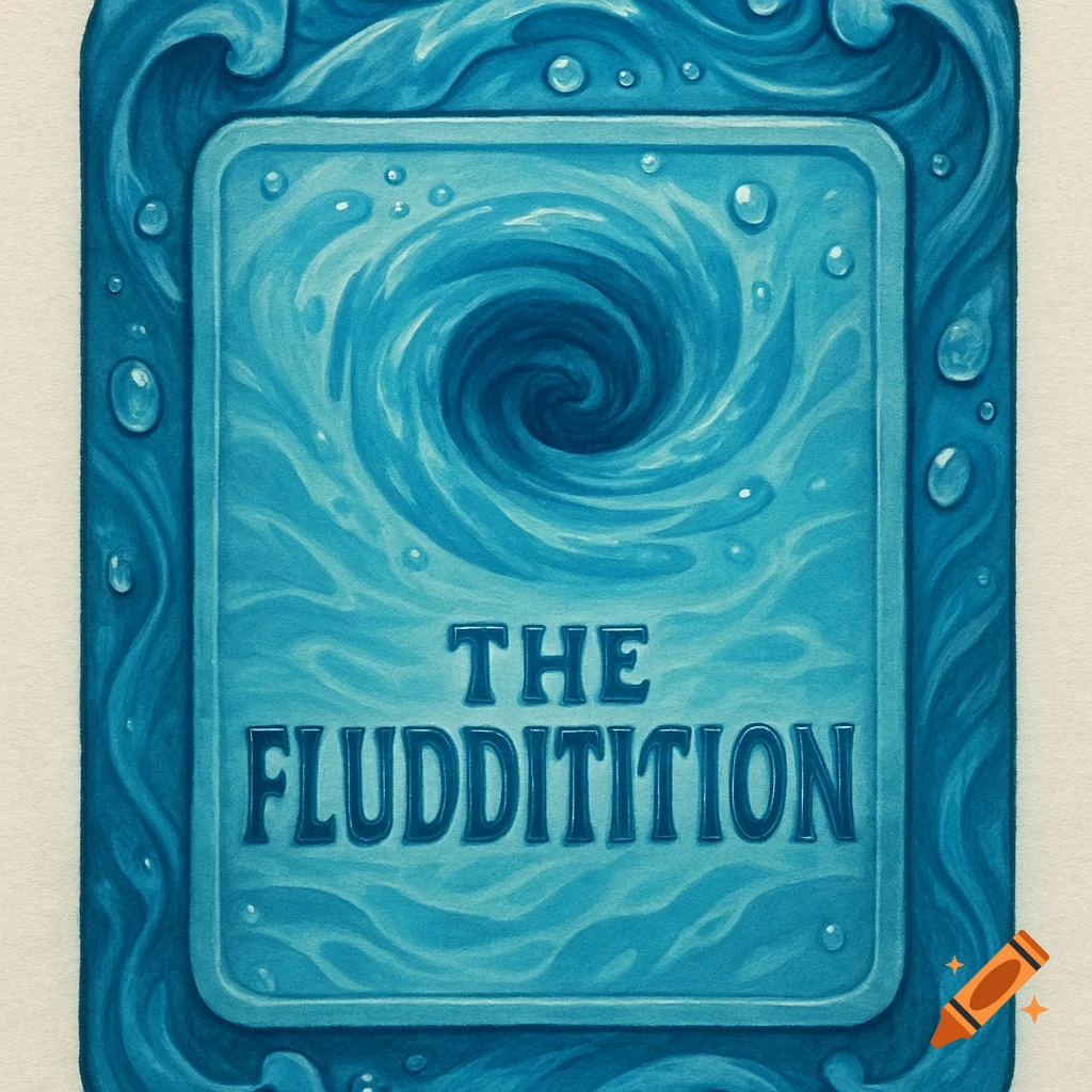 A stylized blue card with a central water vortex, framed by waves and bubbles, featuring the embossed text "THE FLUDDITITION".