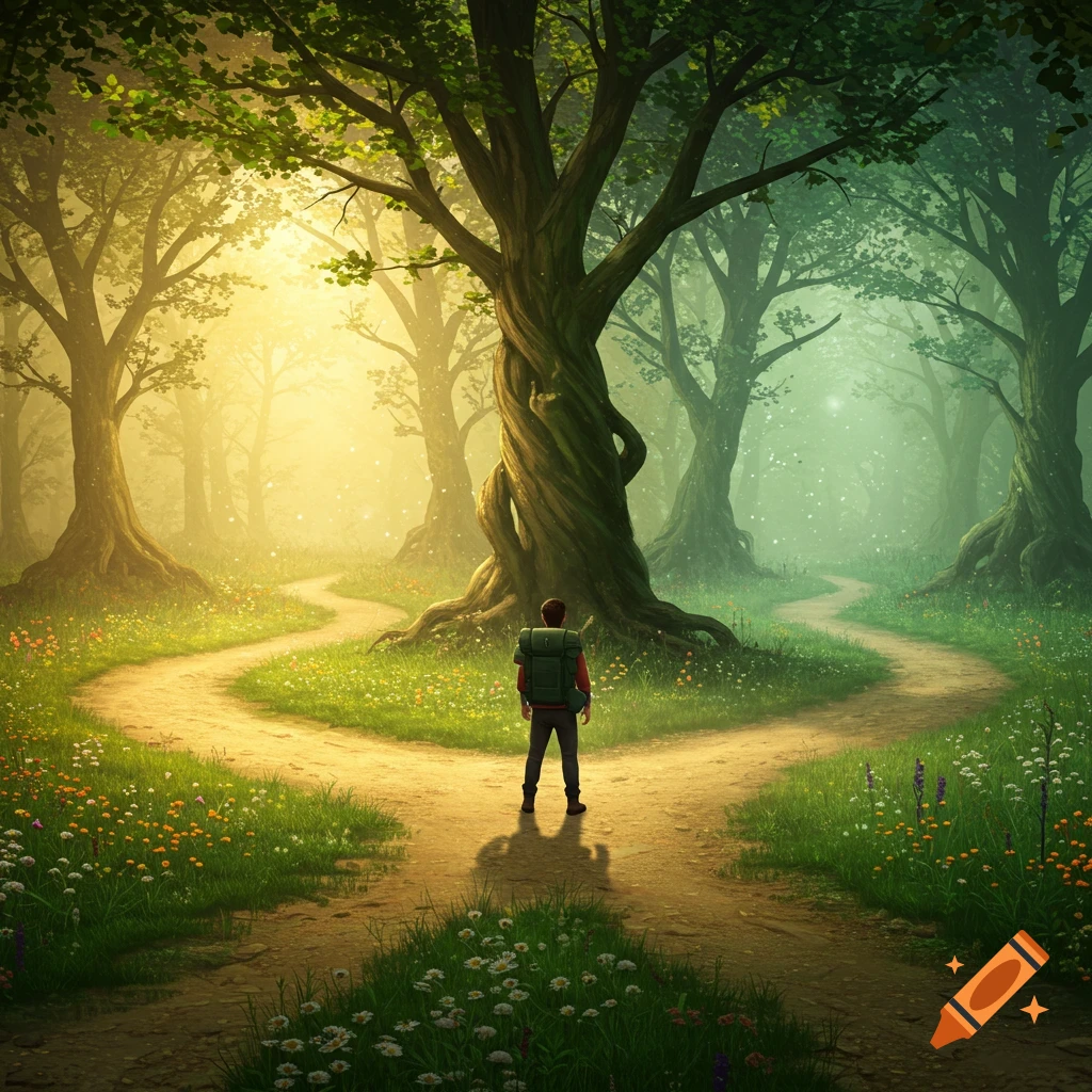 A lone figure with a backpack stands at a fork in a magical forest path, bathed in glowing light.
