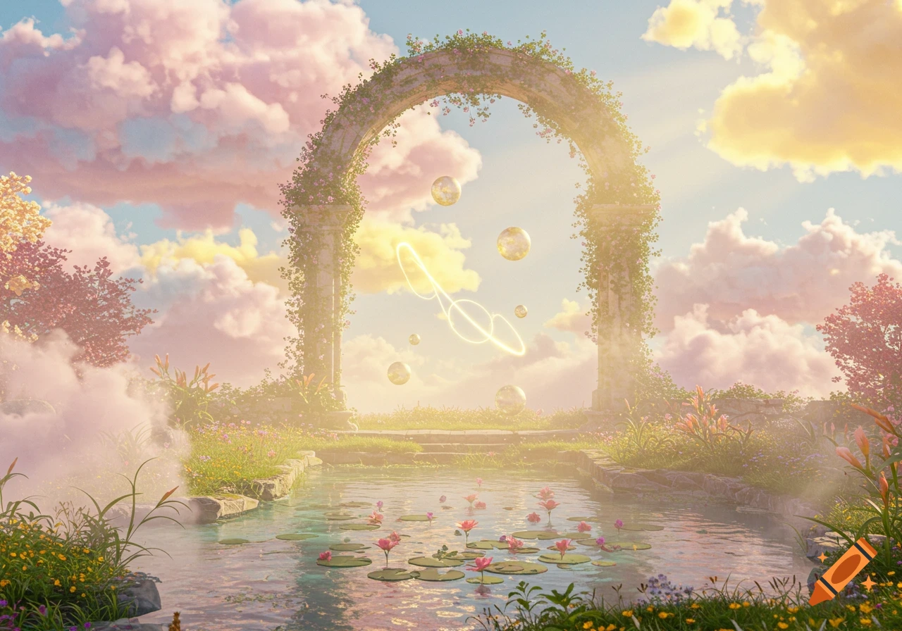 A dreamy fantasy landscape with an ancient stone arch covered in vines, a pond with water lilies, and glowing orbs under a pastel sky.