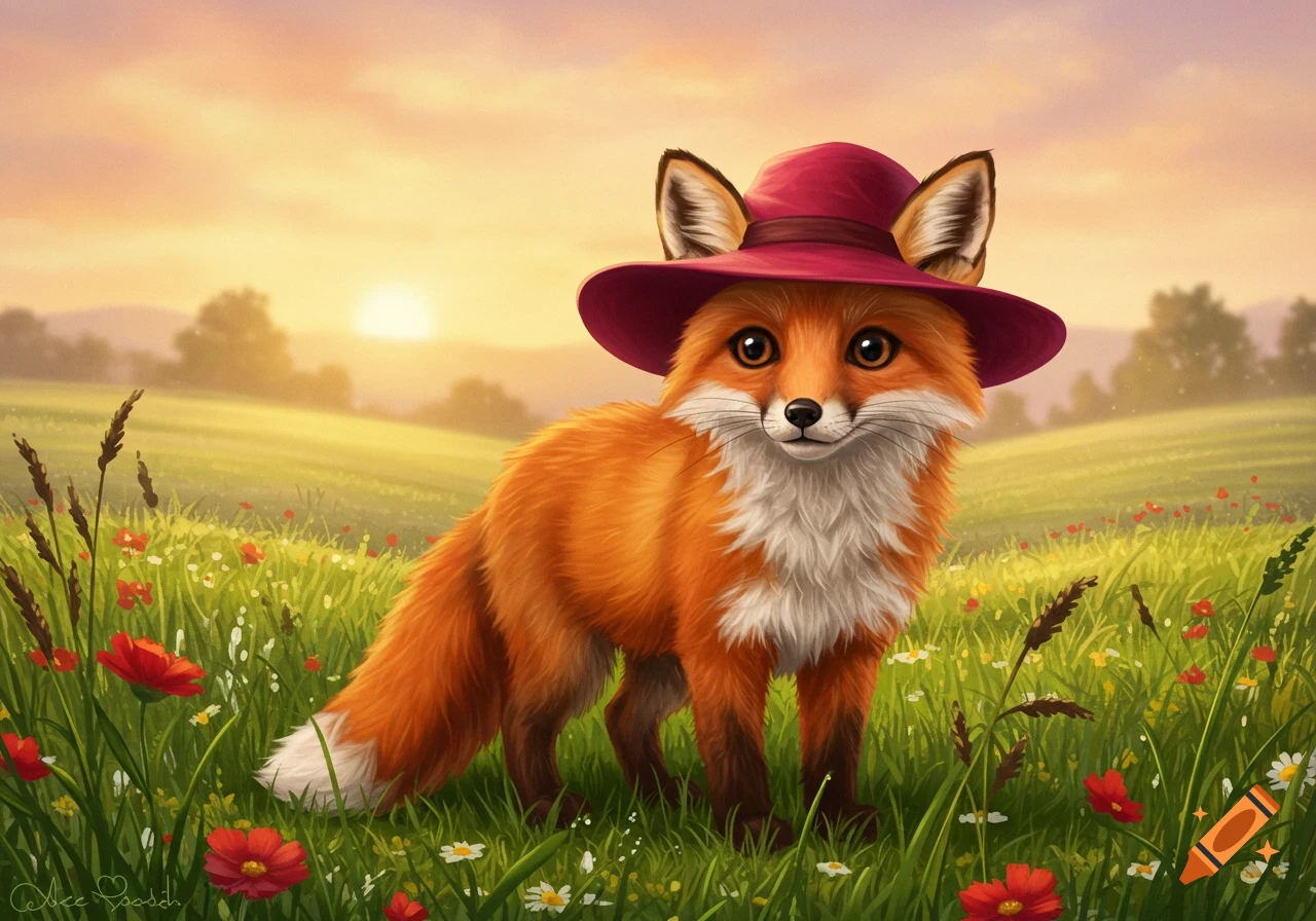 A cute orange fox in a red hat stands in a vibrant meadow with wildflowers at sunset, digital art.