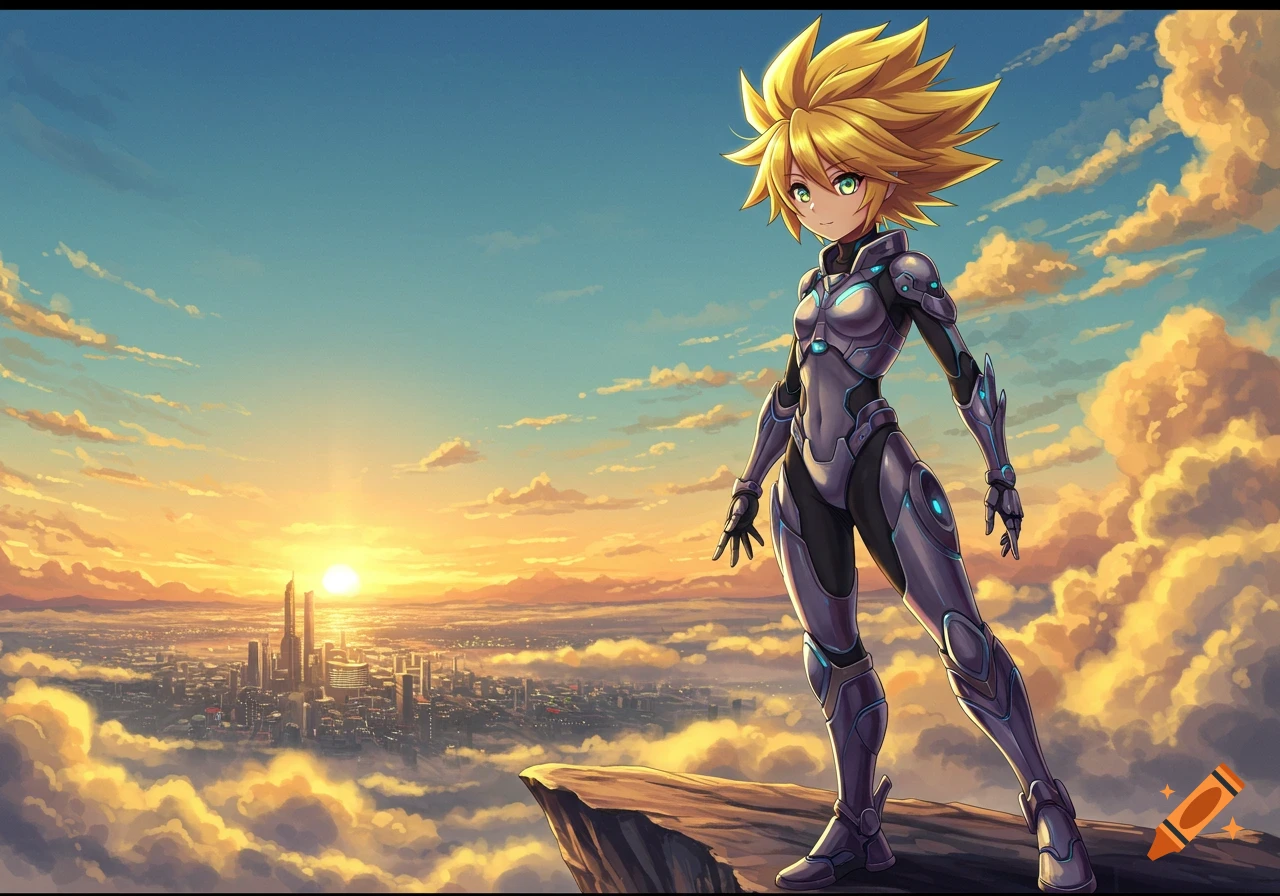 Anime girl with yellow spiky hair in a futuristic suit stands on a cliff overlooking a city at sunset.