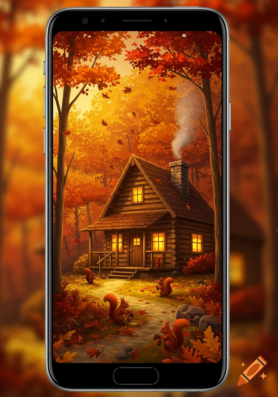 Cozy log cabin with glowing windows and smoke in a vibrant autumn forest with squirrels, illustration.