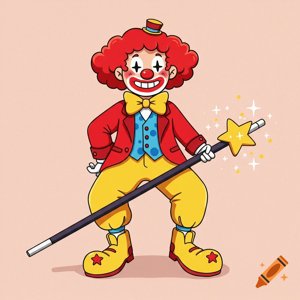 A cartoon clown with red hair, red jacket, yellow pants, and big yellow shoes holds a magic wand with a star on top.