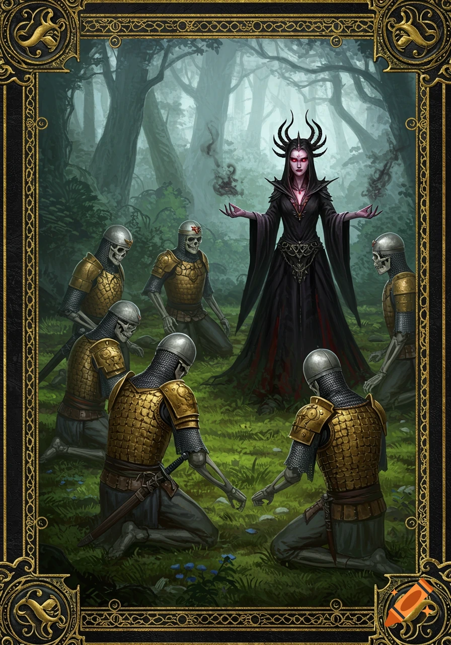 A dark sorceress with red eyes and a horned crown stands in a forest, surrounded by kneeling skeleton knights in golden armor, in an ornate medieval fantasy painting style.