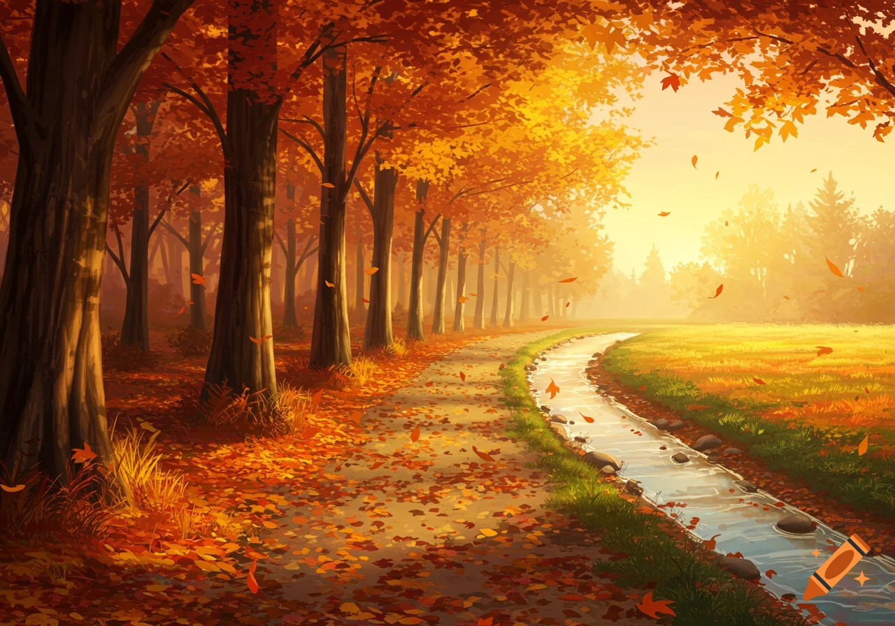 A vibrant digital painting of an autumn forest with a path, a winding stream, and golden sunlight.