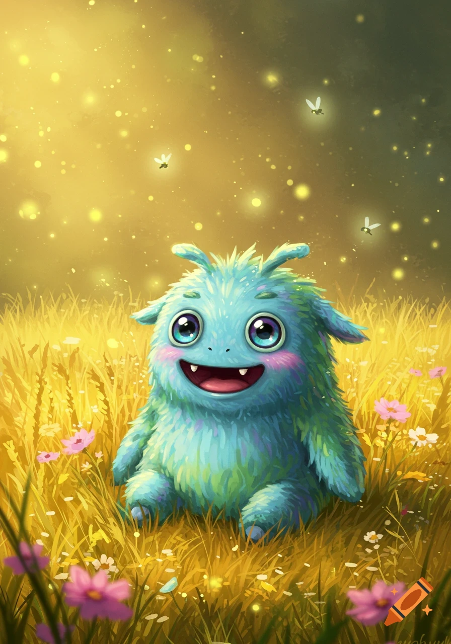 A happy, furry blue-green monster with big eyes and a wide smile sits in a golden field filled with pink flowers and sparkling fireflies.