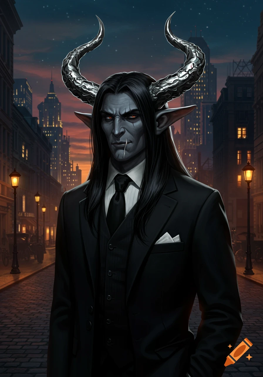 Illustration of a dark-skinned horned man with long black hair, in a black 1920s suit on a cobblestone city street at night.