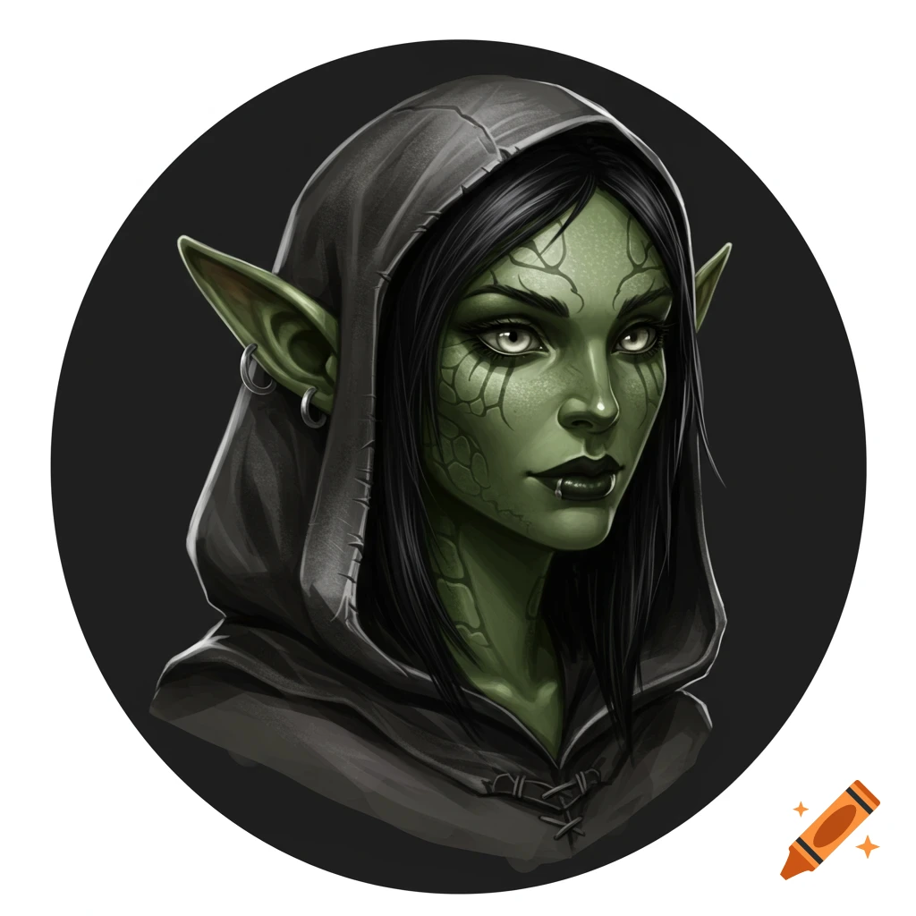 Highly detailed fantasy headshot of a green-skinned female goblin with pointed ears, dark hair, and a dark hood.
