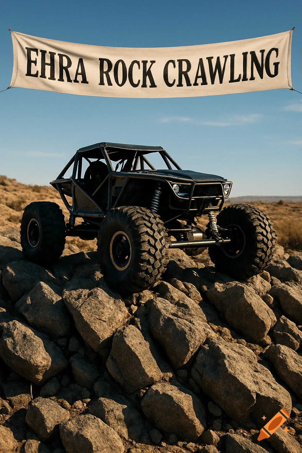 A black rock crawler vehicle navigates a rocky, desert terrain under a banner reading "EHRA ROCK CRAWLING" against a clear blue sky.
