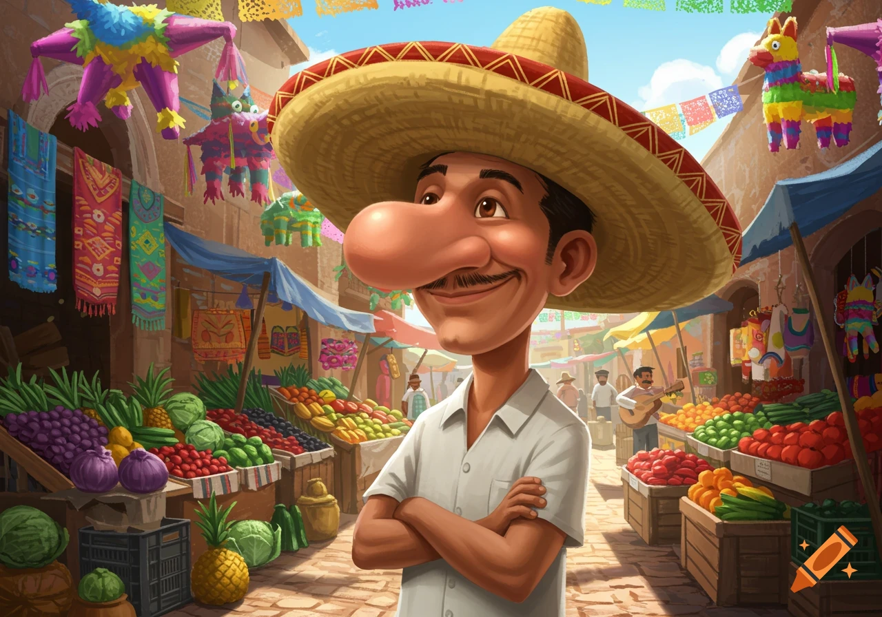 A cartoon man with a large nose and a sombrero smiles in a vibrant outdoor Mexican market filled with fruits, vegetables, and colorful pinatas.