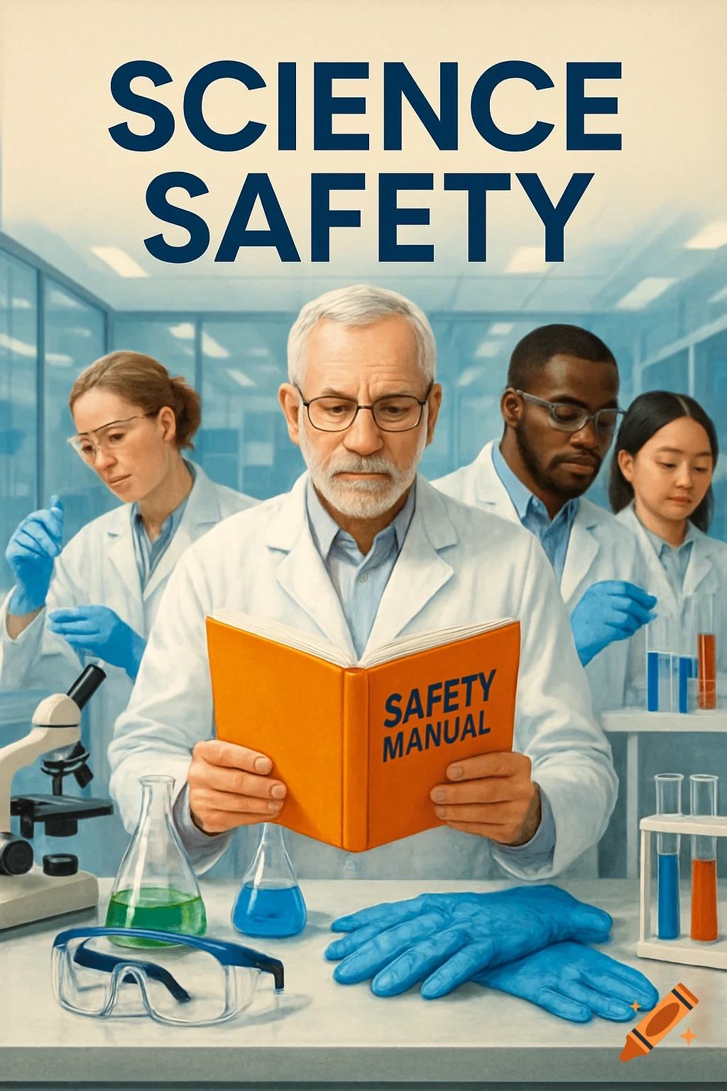 A diverse group of scientists in lab coats and gloves in a modern laboratory. An older man reads a 'SAFETY MANUAL' book. 'SCIENCE SAFETY' is at the top.