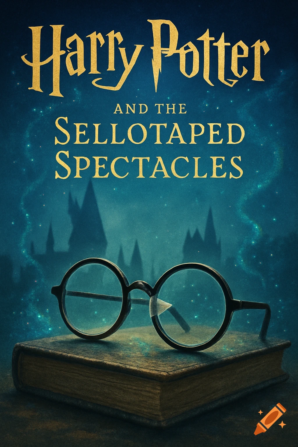 Book cover for 'Harry Potter and the Sellotaped Spectacles' with round, taped glasses on a book, against a starry, magical castle background.